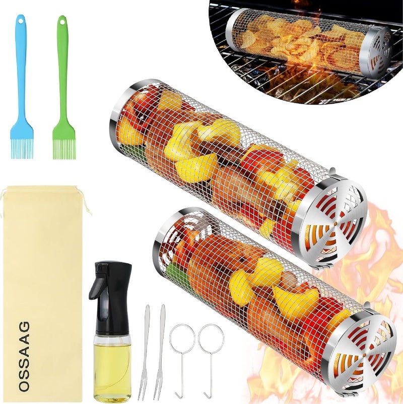 Ossaag 10-Piece BBQ Set: 2 Rolling Grill Baskets for Effortless Flipping, 304 Stainless Steel for Easy Clean, Sausage & Vegetables, Oil Bottle, Forks, Brushes, Outdoor Camping Grilling Accessories, Gifts for Men Dad Husband - Image 1